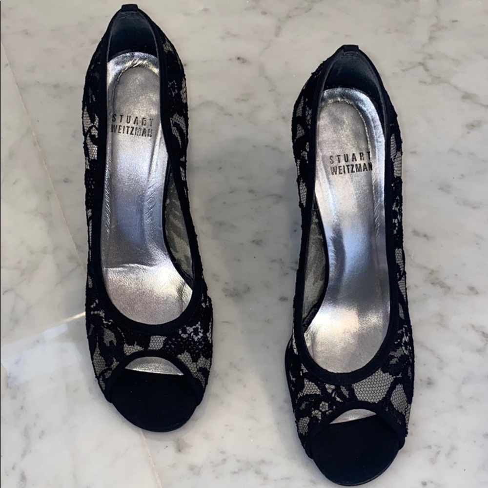 Stuart weitzman black lace peep toe pump